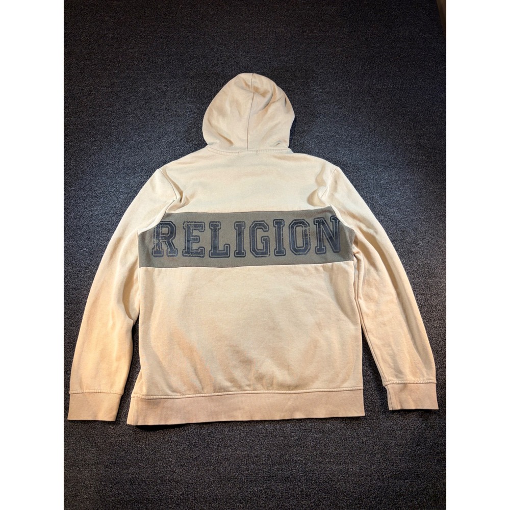 True Religion Mens Tan Olive Green Graphic Logo Pullover Hoodie Small Distressed - Picture 6 of 7